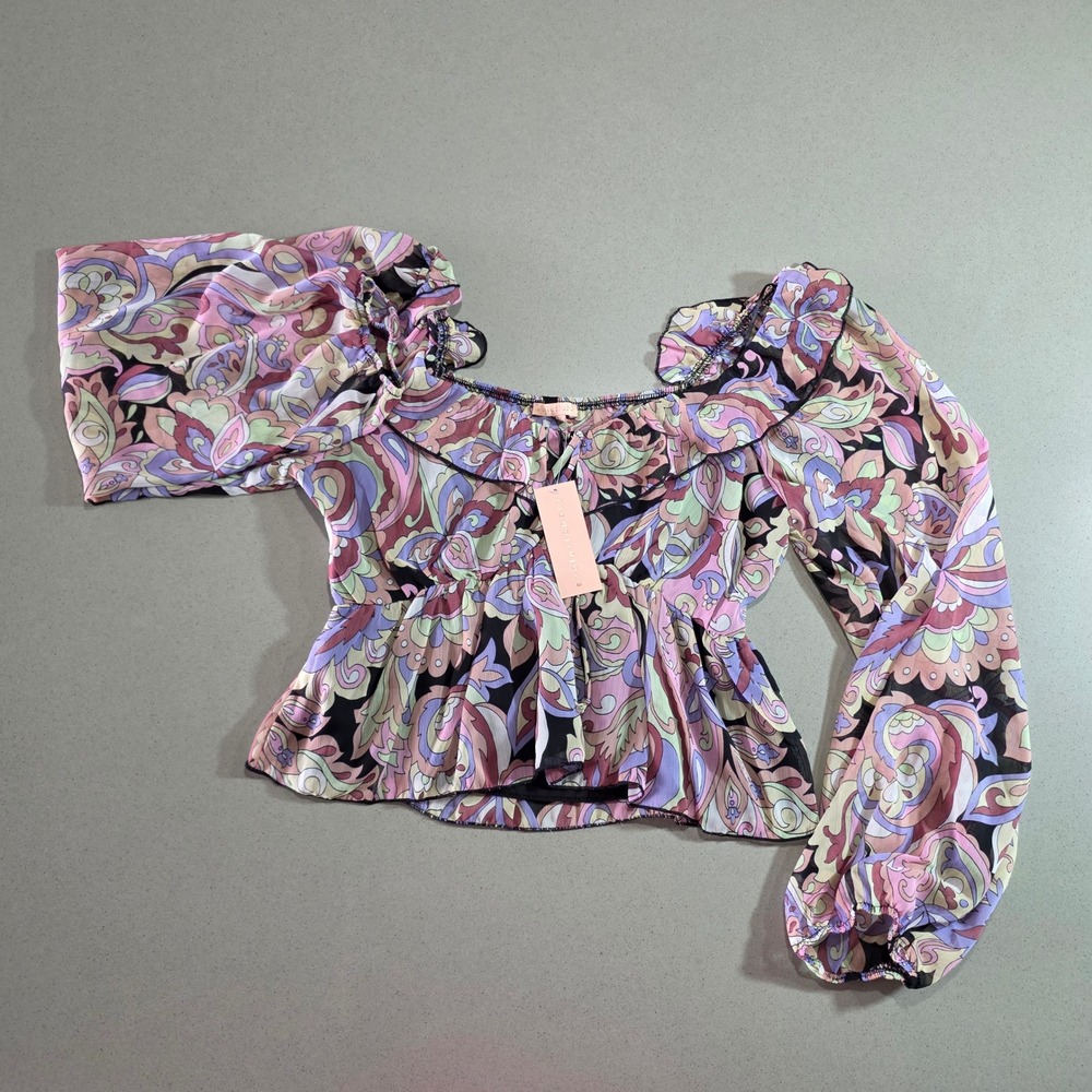 Evolutionary Womens Paisley Ruffle Peplum Blouse Pink Purple Multi Size XL NEW